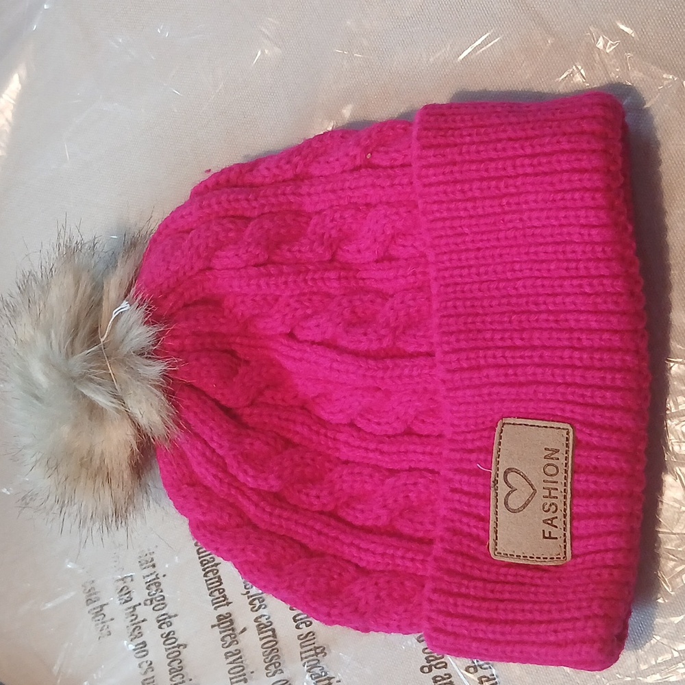 Hot Pink Youth Cable Knit Beanie with Pom Pom Hat
